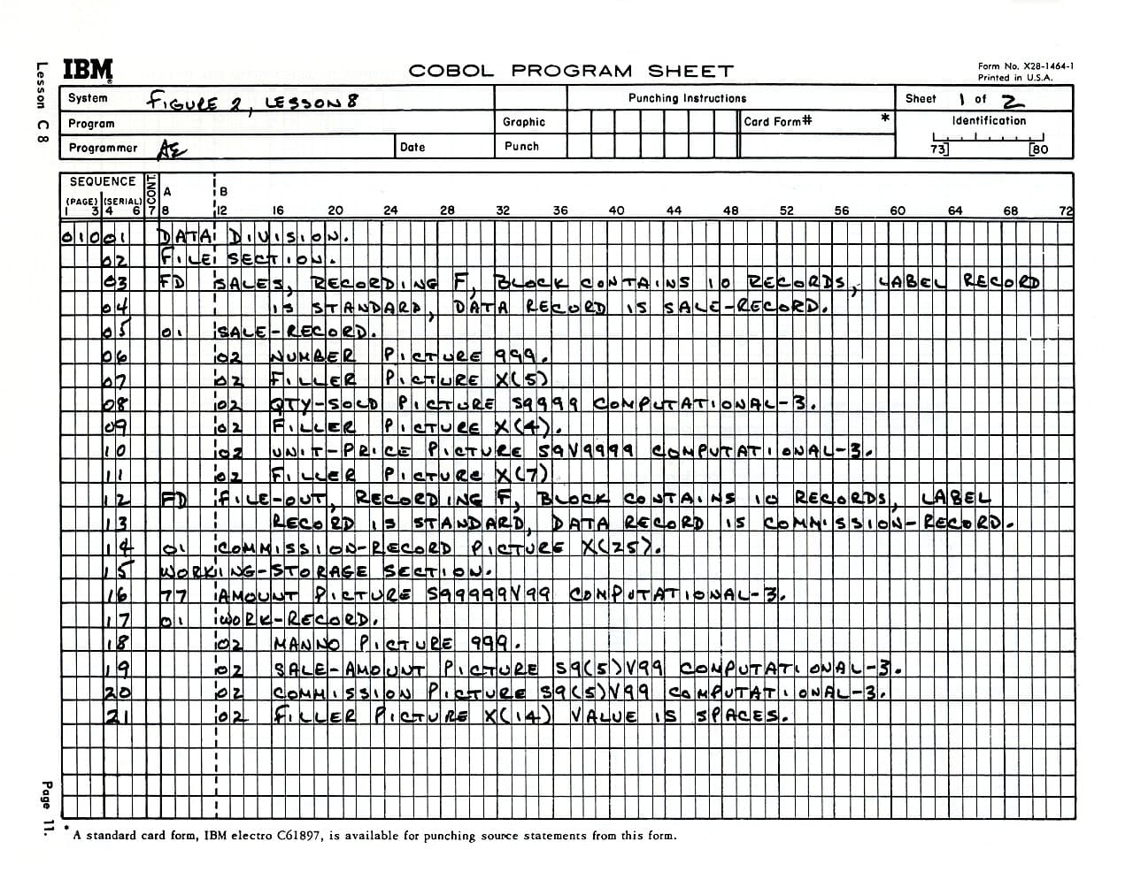 Planilha de programação COBOL IBM System 360 em documento histórico