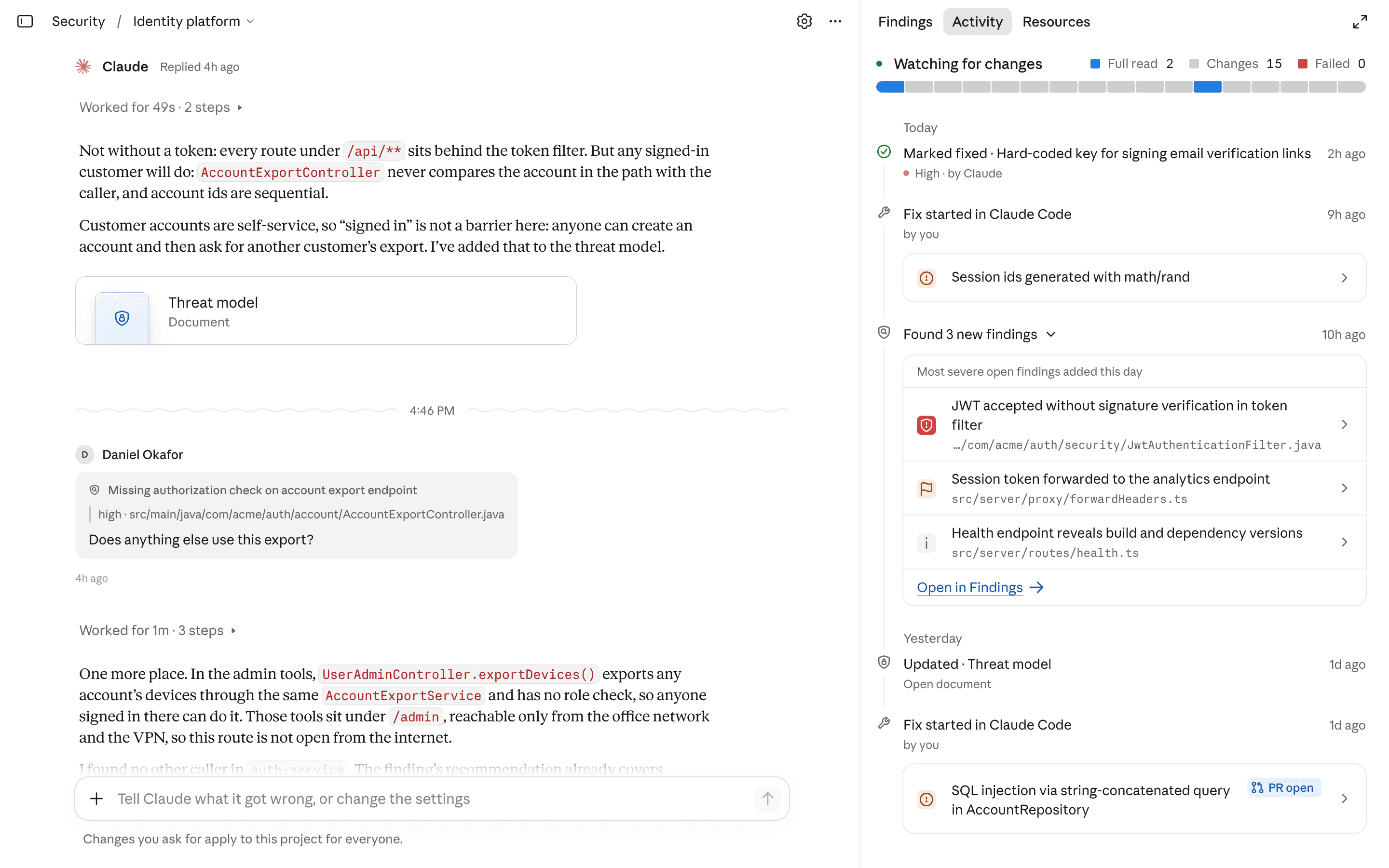 Tela do Claude Security com findings e contexto de risco