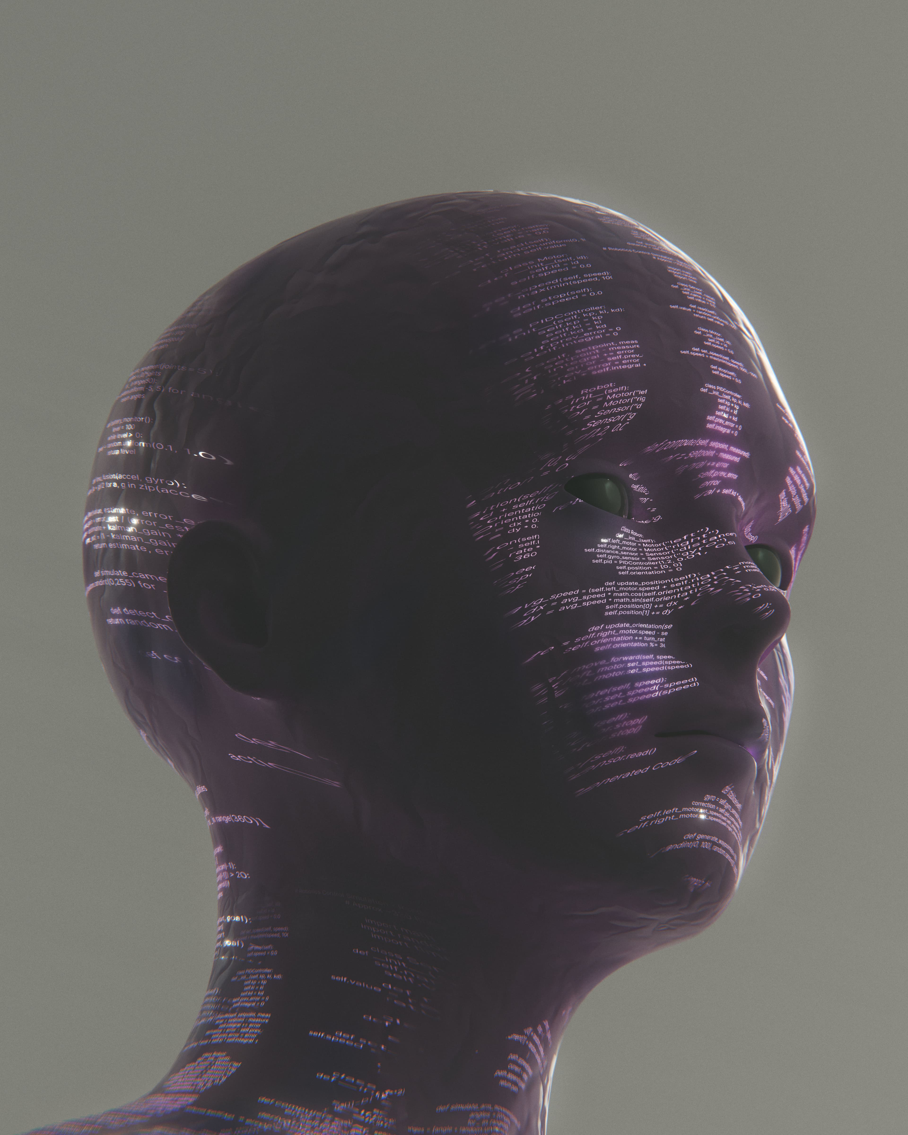 Render futurista com padrões de código, simbolizando IA e engenharia