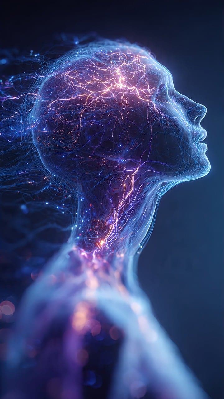 Abstração de inteligência artificial com rede neural em tons azuis e violetas