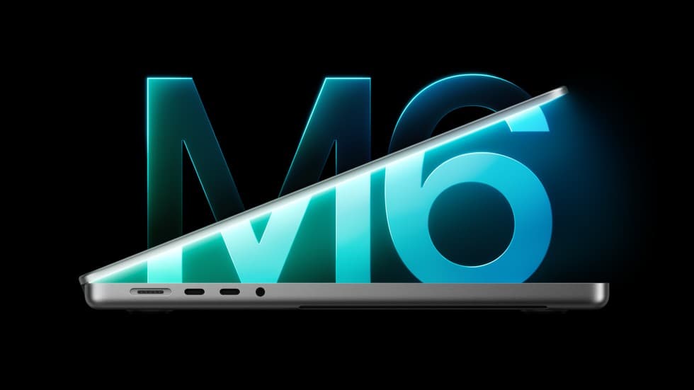 MacBook Pro 14 com chip M6 em destaque, tampa semiaberta com o logo M6 ao fundo