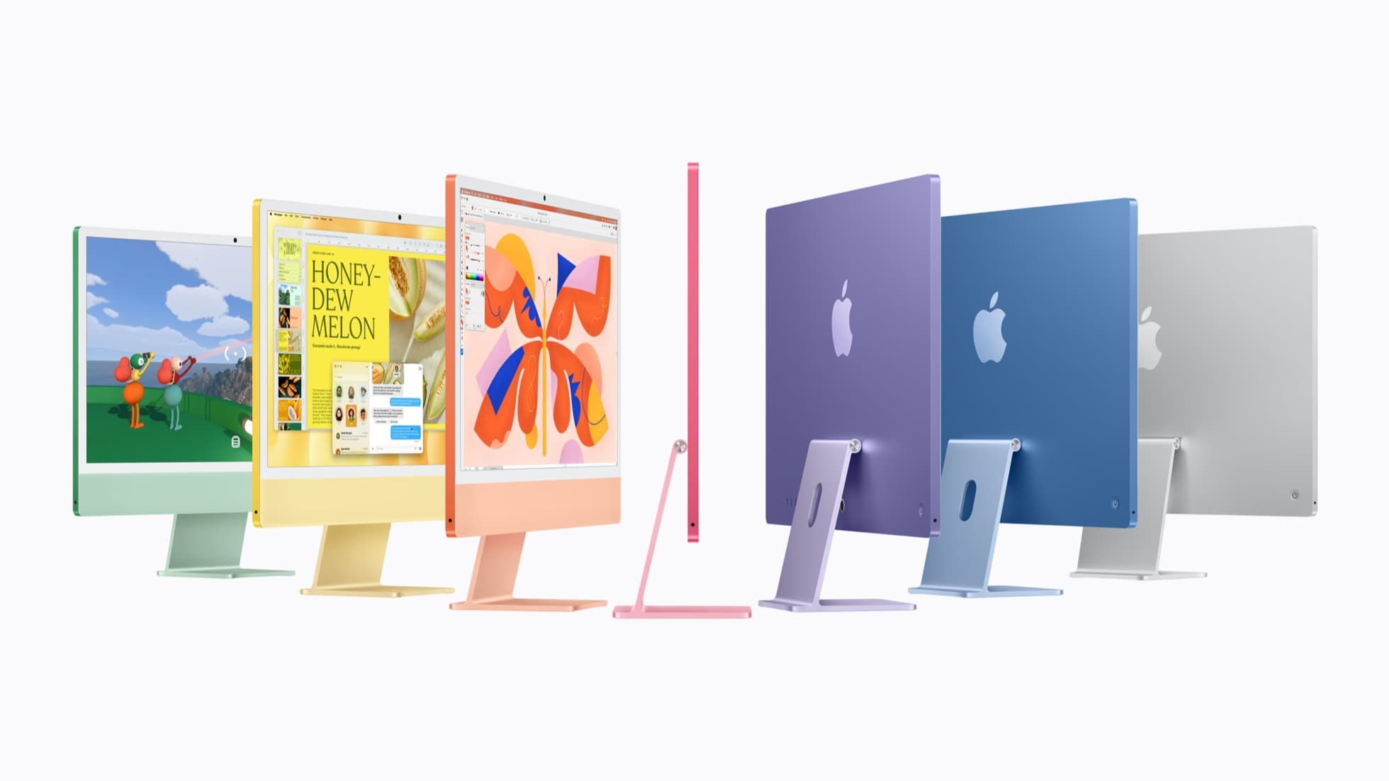 Apple iMac com chip M6 em sete cores, vista frontal e lateral
