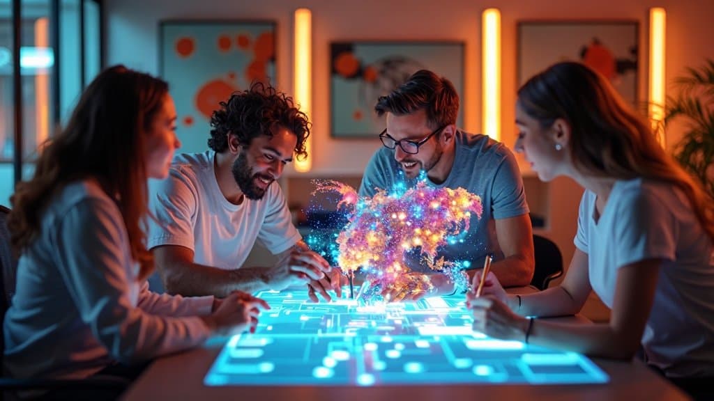 Interface de workflow de voz e vídeo com IA simbolizada por ondas e frames