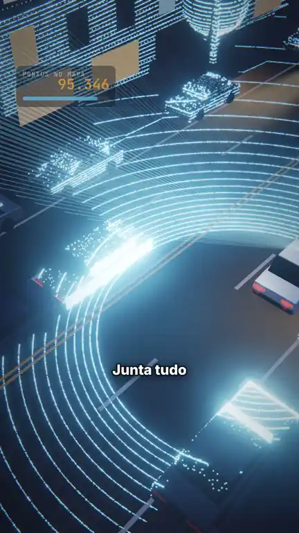 Explicativo em 3D de um carro autônomo lendo a rua com laser