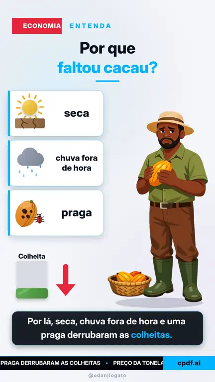 Notícia animada sobre o preço do cacau, com gráfico subindo