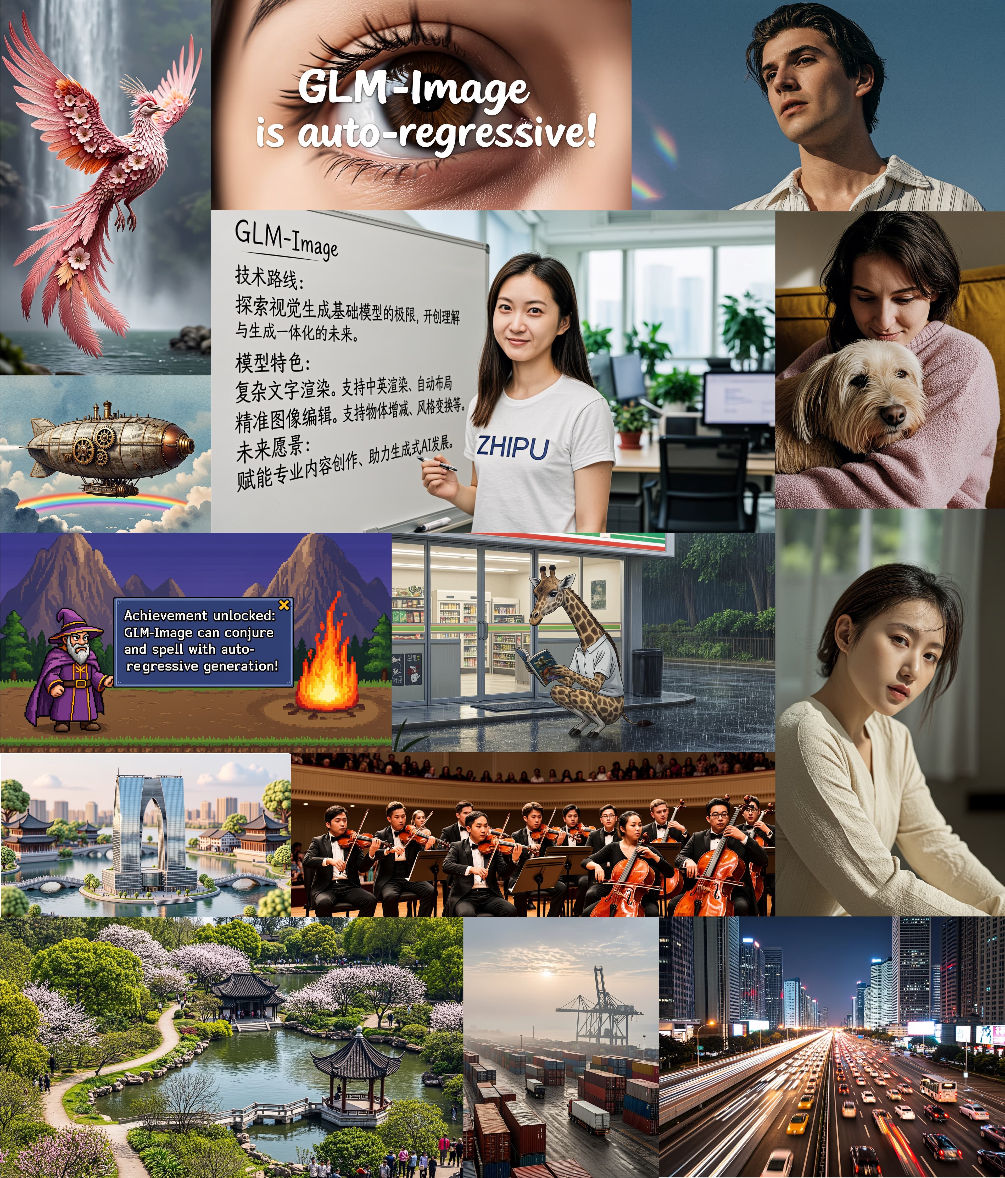 Exemplos de geração do GLM-Image com texto e layouts densos