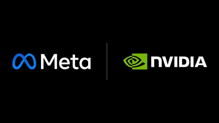 Logos da Meta e da NVIDIA em fundo preto, parceria de infraestrutura de IA