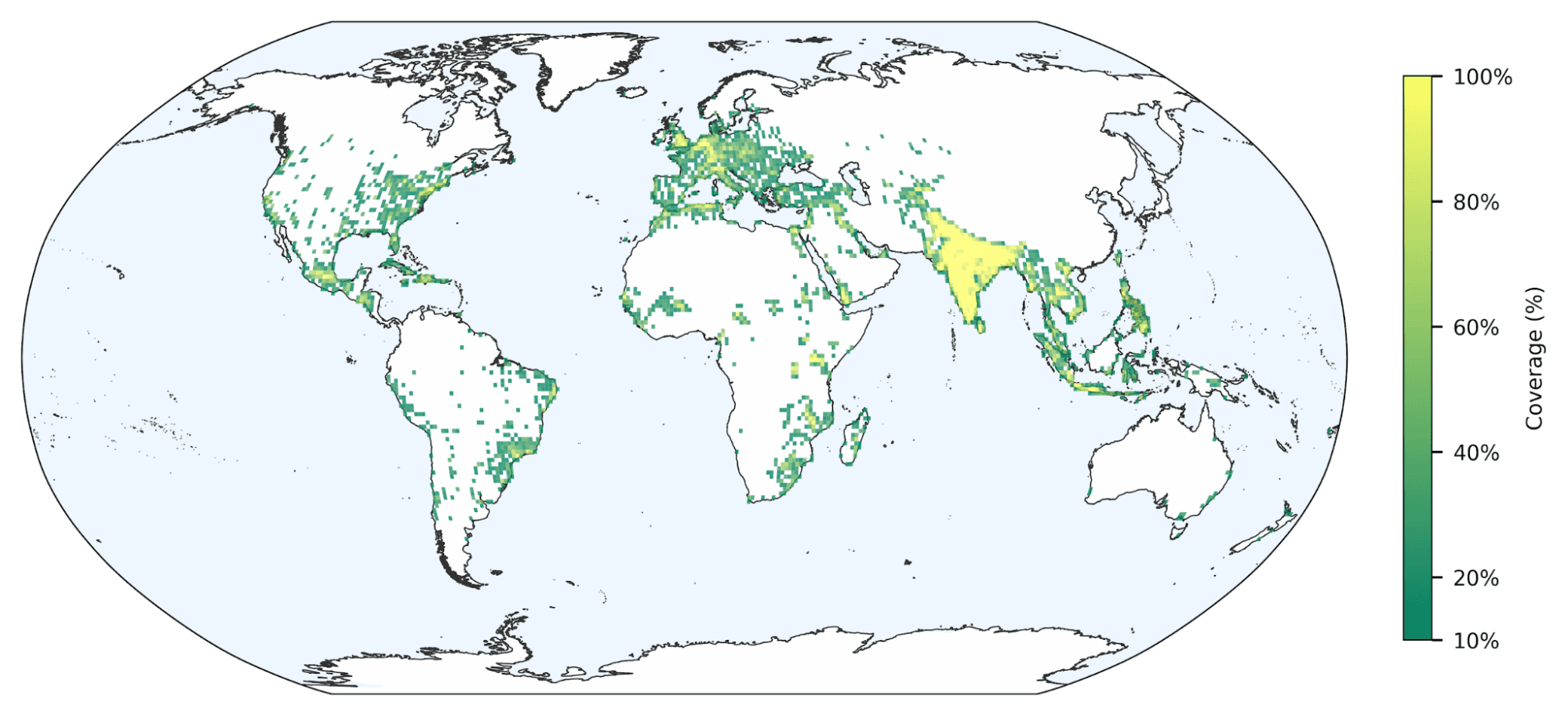 Mapa mundial mostrando cobertura percentual do modelo de enxurradas urbanas