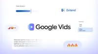 Logo do Google Vids com elementos de edição de vídeo em destaque