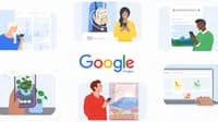 Ilustração comemorativa de 25 anos do Google Imagens com logotipo e pessoas pesquisando