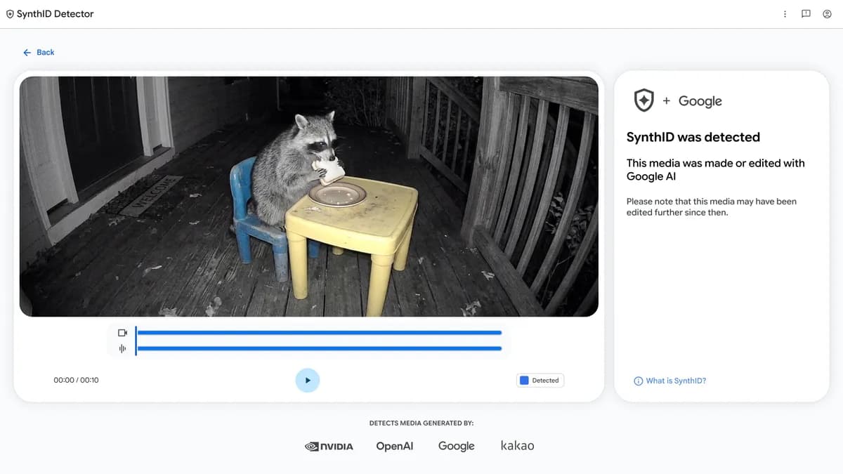 Tela do SynthID Detector com exemplo de vídeo