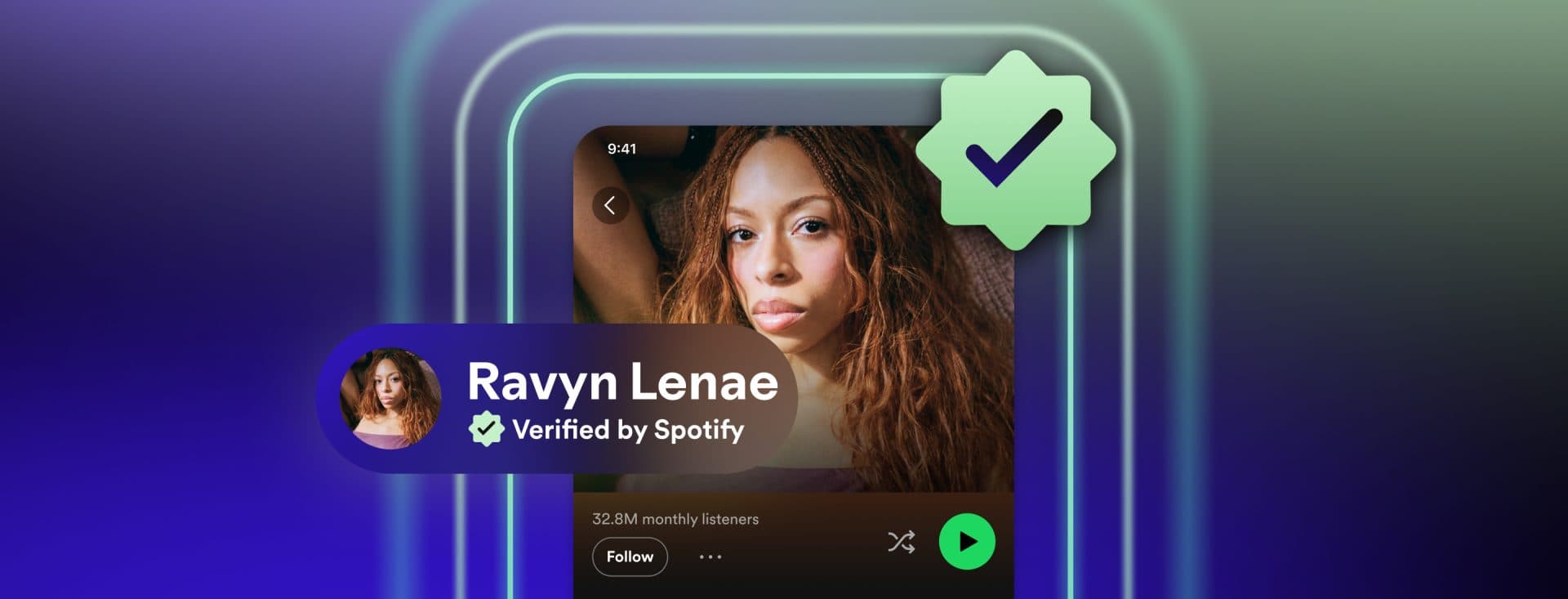 Banner do Verified by Spotify com check verde no perfil do artista