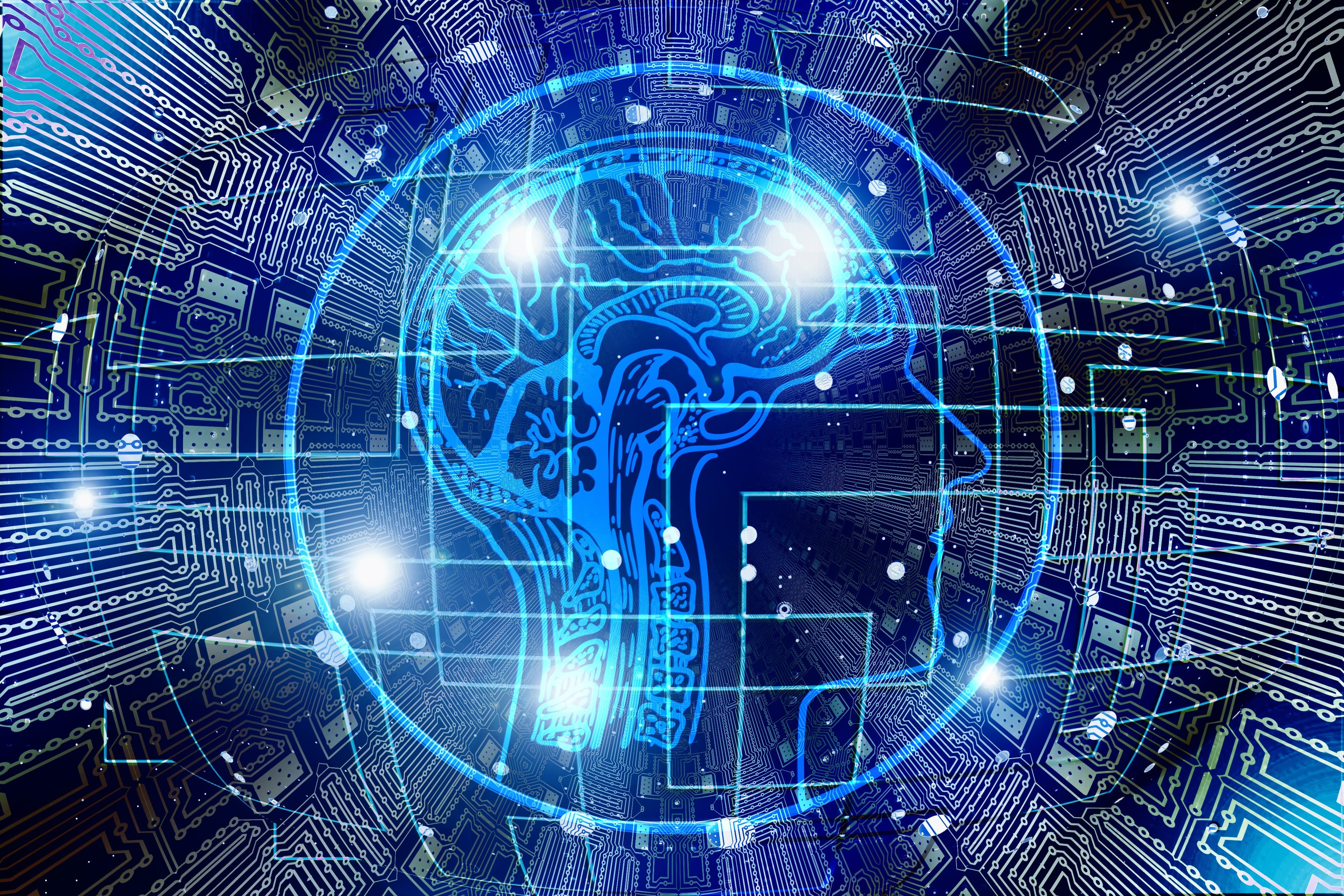 Ilustração de inteligência artificial com cérebro digital e circuitos