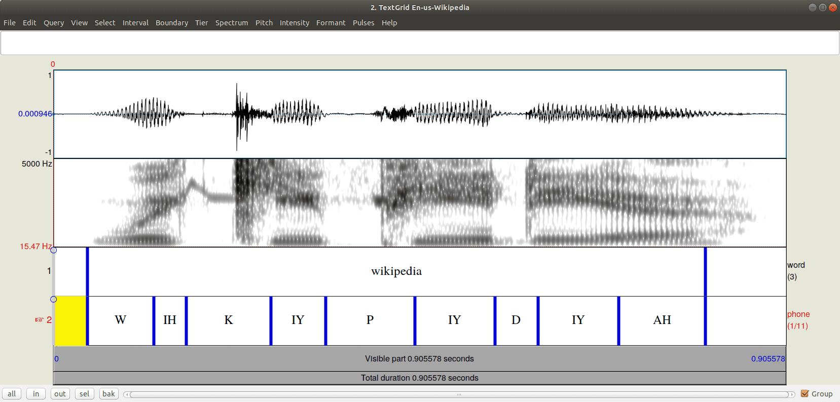 Visual de espectrograma e waveform em software de análise de fala, representando áudio como base do vídeo