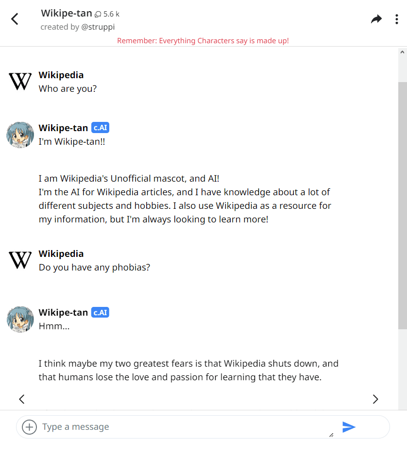 Captura de tela da Character.AI mostrando conversa de exemplo, ilustração Wikipe-tan