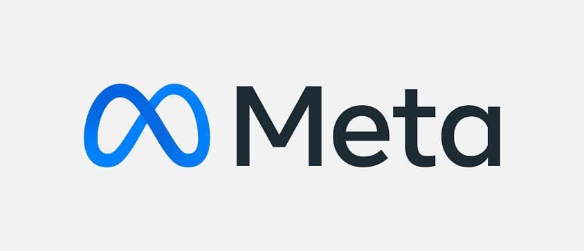 Logotipo da Meta em fundo cinza claro, símbolo azul em forma de infinito e palavra Meta à direita