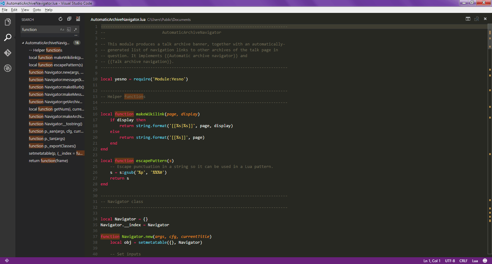 Editor de código com destaque de sintaxe e busca no Visual Studio Code