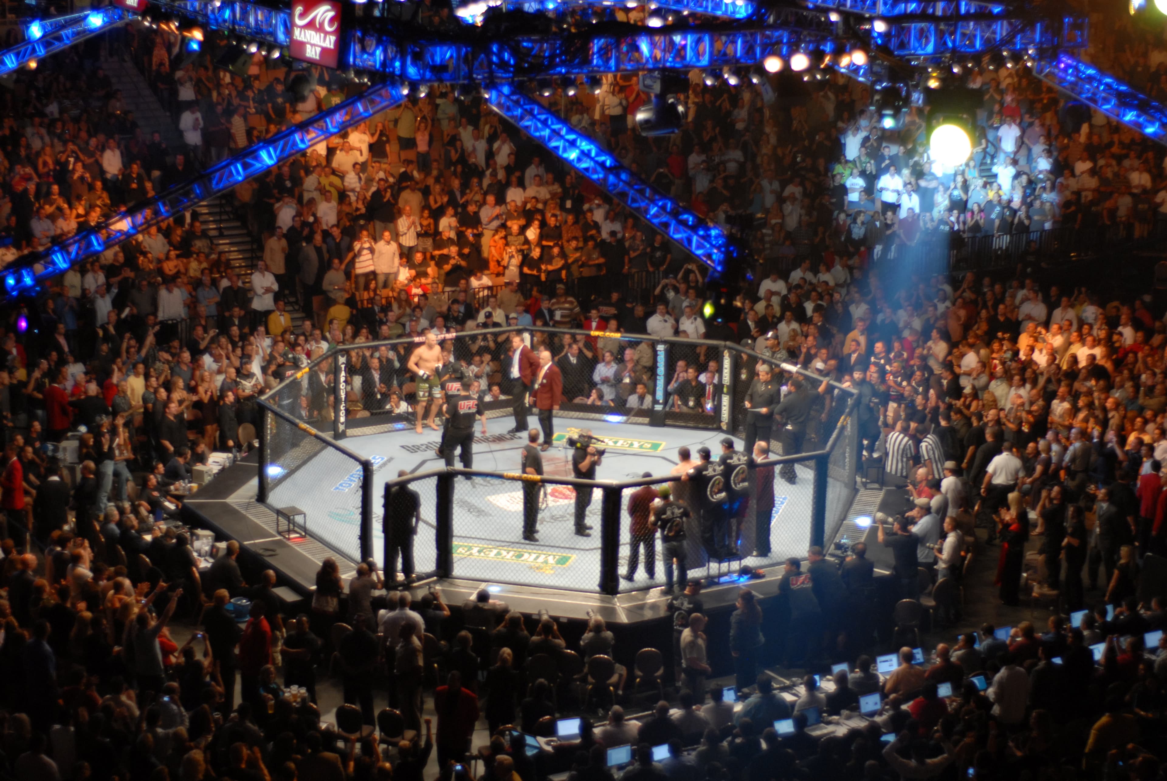 Octógono do UFC com arena lotada, visão ampla do público e da estrutura