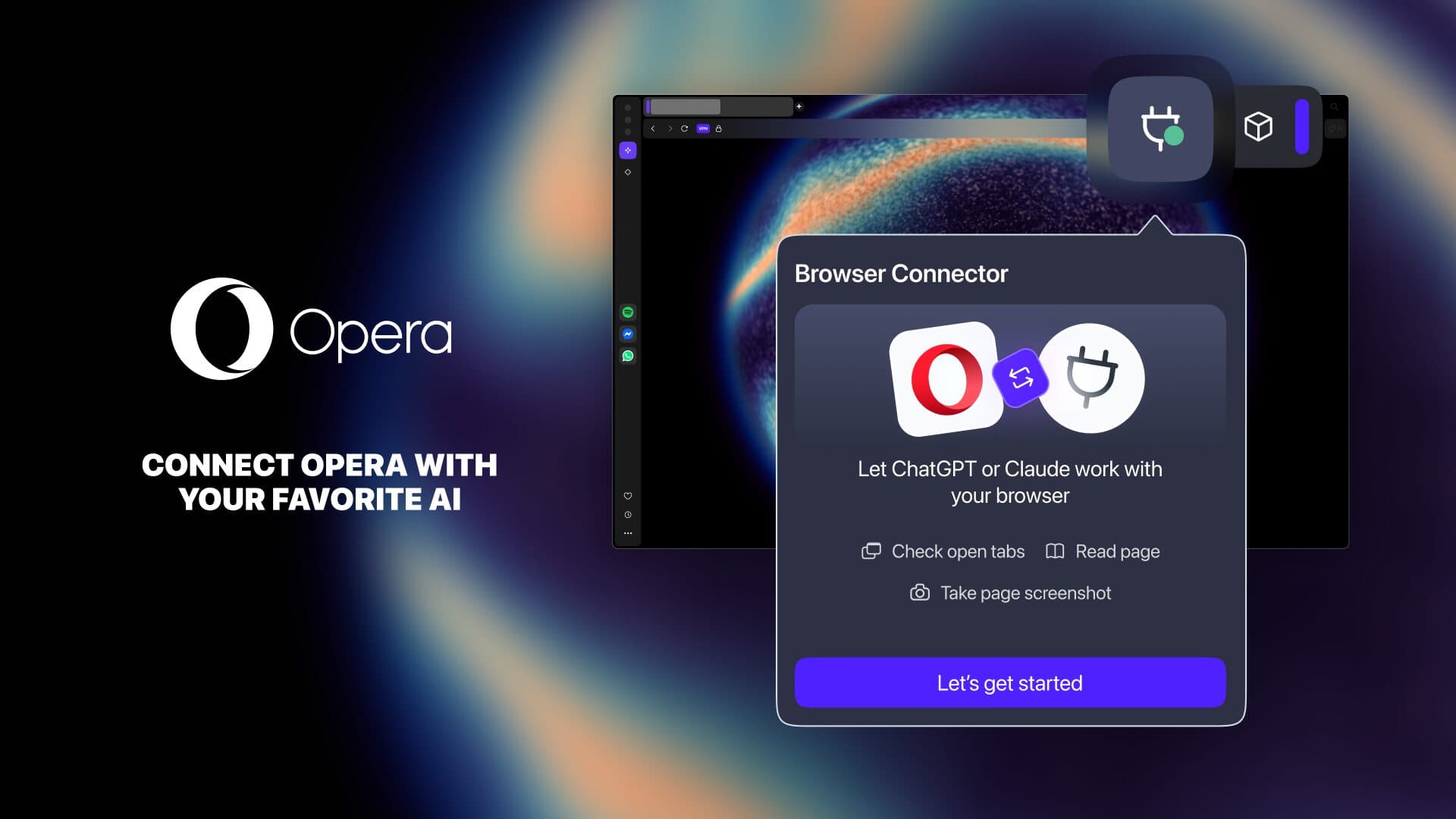 Interface do Opera com o Browser Connector conectado ao ChatGPT e Claude