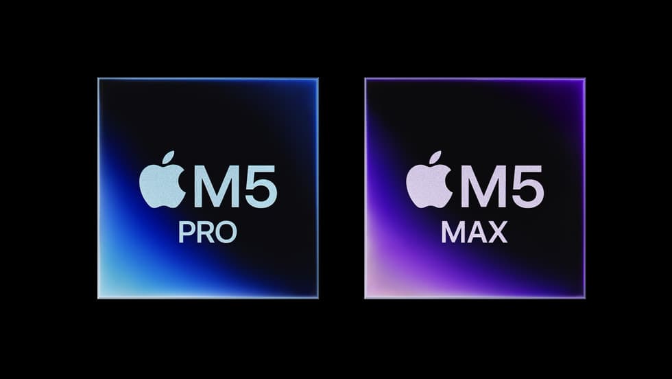 Logotipos dos chips Apple M5 Pro e M5 Max lado a lado